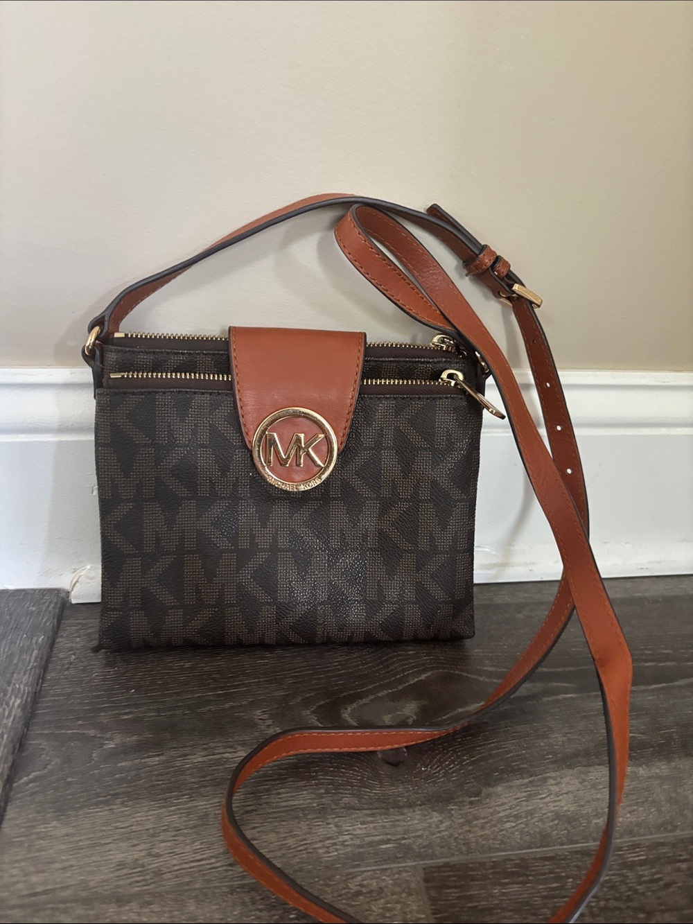 Michael Kors Brown MK Logo Crossbody with Tan Leather Accents